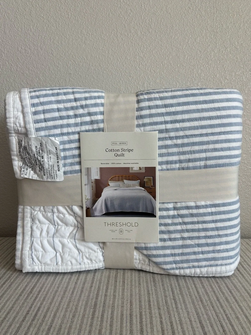 NWT Full/Queen Reversible Cotton Stripe Quilt Light Blue - Threshold